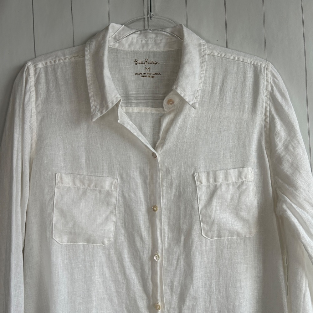 Lilly Pulitzer women size M Sea View linen button down shirt white long sleeve - Picture 3 of 14
